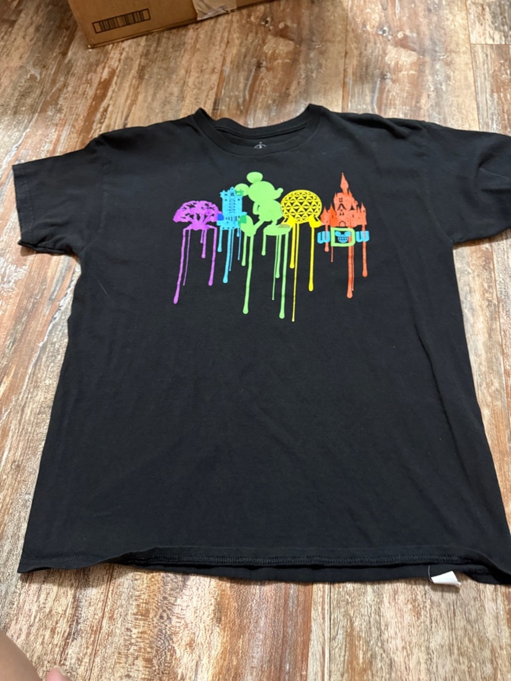 Black T-Shirt with Rainbow Drip Theme Park Icons